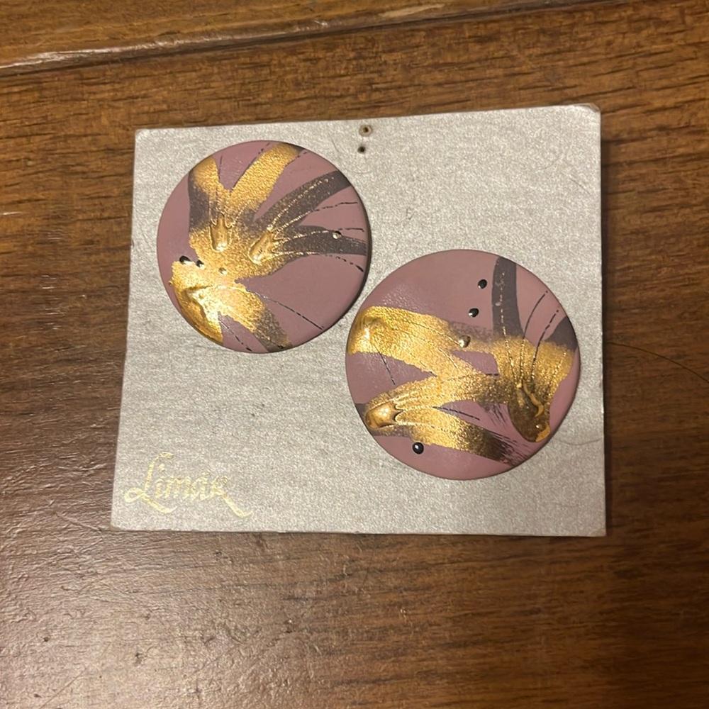 Vintage Limar Ceramic Hand Painted Pink Gold Large Circle Pierced Earrings